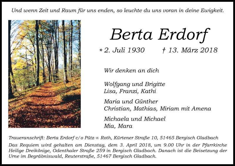  Traueranzeige für Berta Erdorf vom 24.03.2018 aus Kölner Stadt-Anzeiger / Kölnische Rundschau / Express