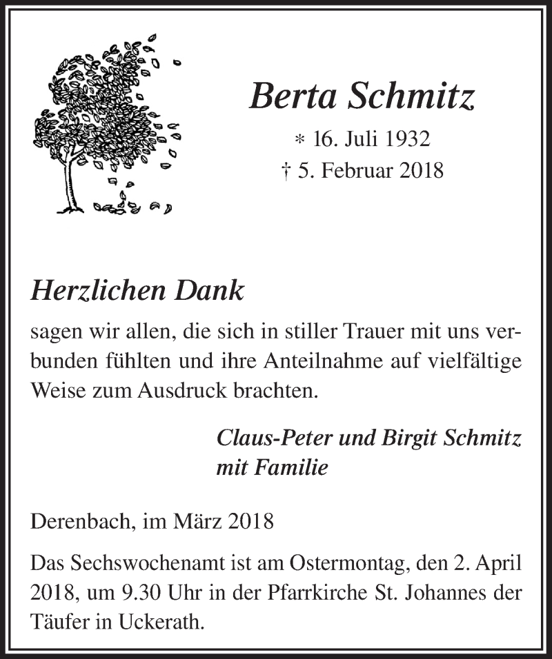  Traueranzeige für Berta Schmitz vom 21.03.2018 aus  Extra Blatt 
