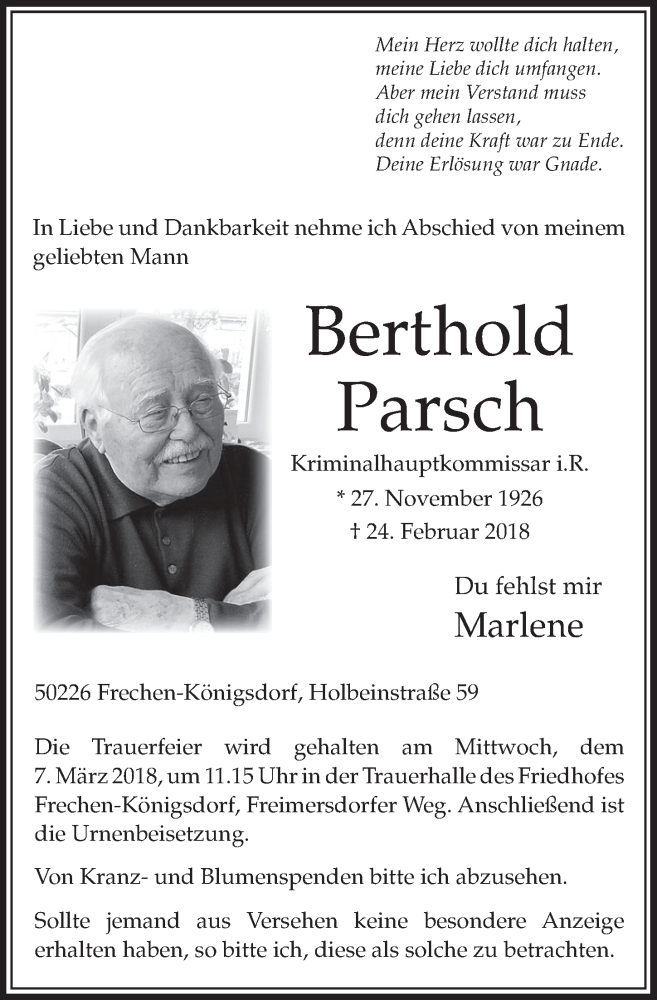 Traueranzeige für Berthod Parsch vom 03.03.2018 aus  Sonntags-Post 