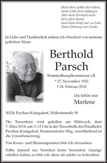 Anzeige von Berthod Parsch von  Sonntags-Post 