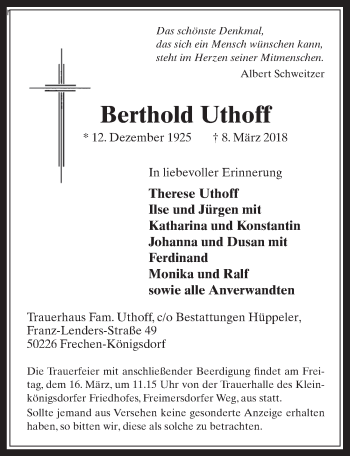 Anzeige von Berthold Uthoff von  Wochenende 