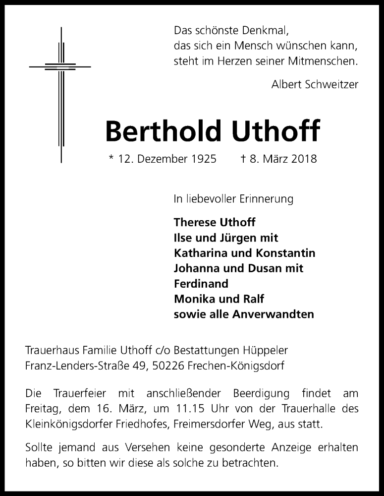  Traueranzeige für Berthold Uthoff vom 14.03.2018 aus Kölner Stadt-Anzeiger / Kölnische Rundschau / Express