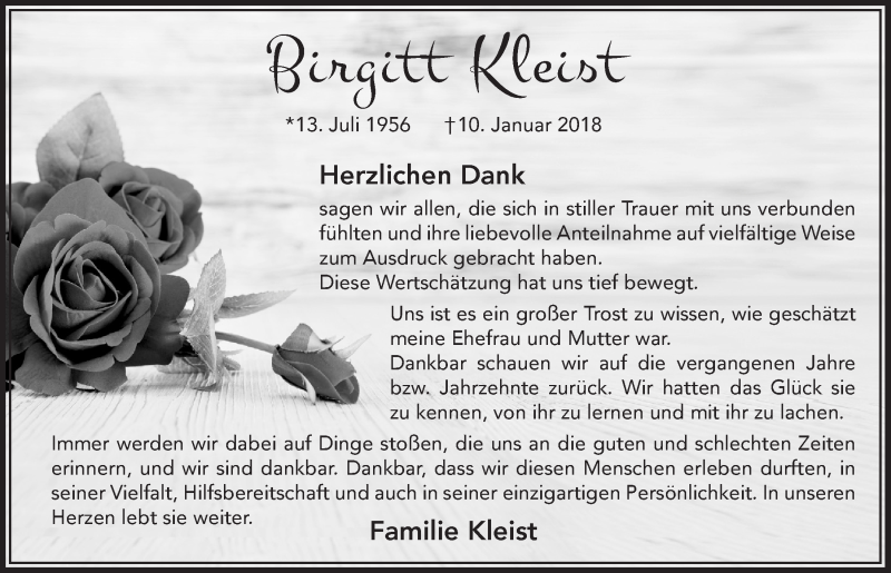  Traueranzeige für Birgitt Kleist vom 07.03.2018 aus  Bergisches Handelsblatt 
