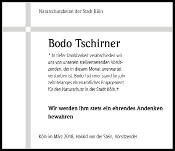 Anzeige von Bodo Tschirner von Kölner Stadt-Anzeiger / Kölnische Rundschau / Express