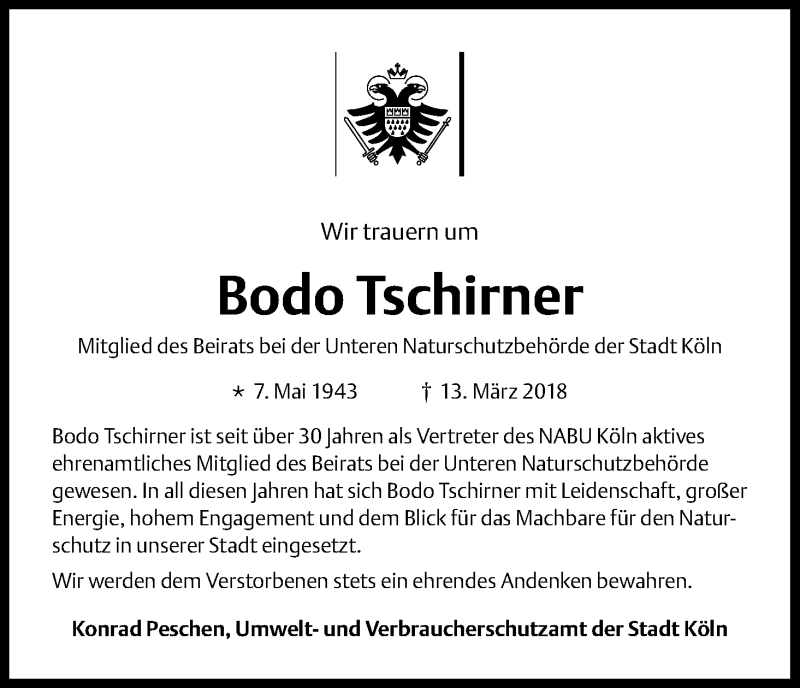  Traueranzeige für Bodo Tschirner vom 24.03.2018 aus Kölner Stadt-Anzeiger / Kölnische Rundschau / Express