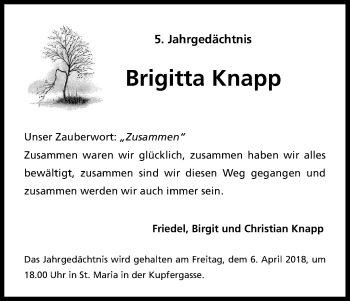 Anzeige von Brigitta Knapp von Kölner Stadt-Anzeiger / Kölnische Rundschau / Express