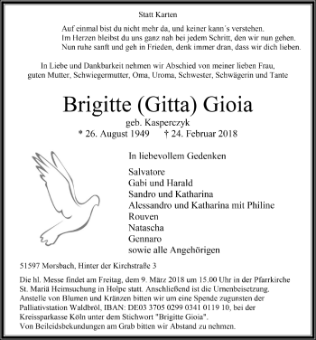 Anzeige von Brigitte Gioia von  Lokalanzeiger 