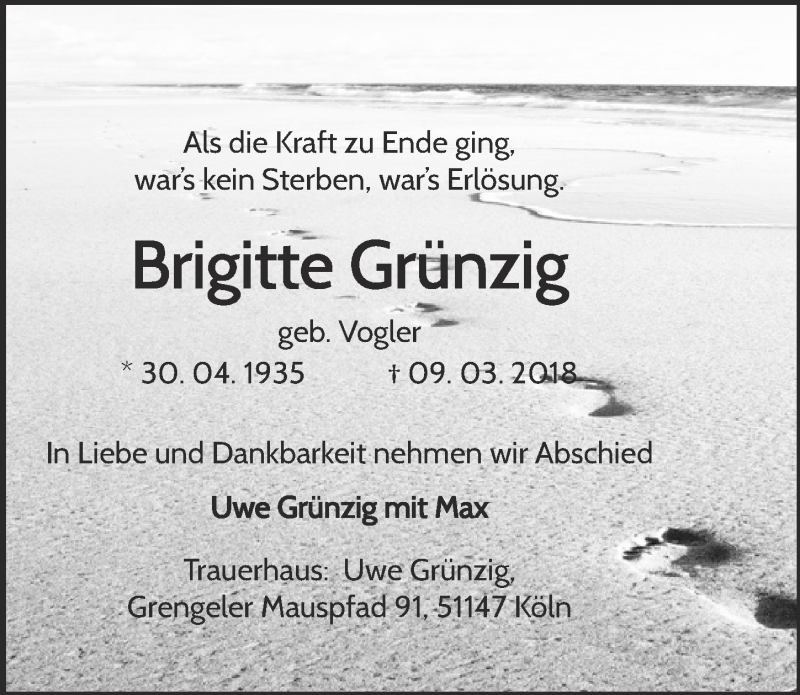  Traueranzeige für Brigitte Grünzig vom 14.03.2018 aus  Kölner Wochenspiegel 