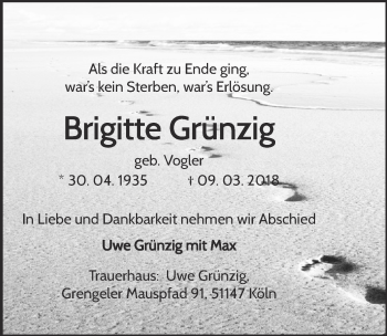 Anzeige von Brigitte Grünzig von  Kölner Wochenspiegel 