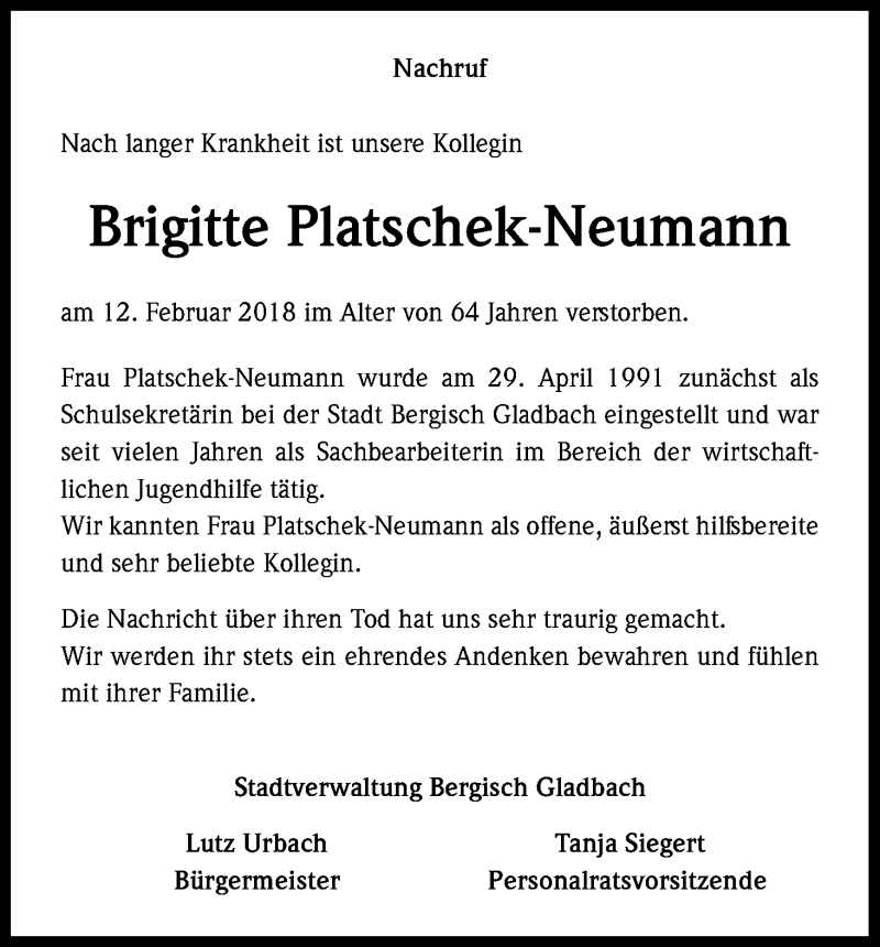  Traueranzeige für Brigitte Platschek-Neumann vom 07.03.2018 aus Kölner Stadt-Anzeiger / Kölnische Rundschau / Express