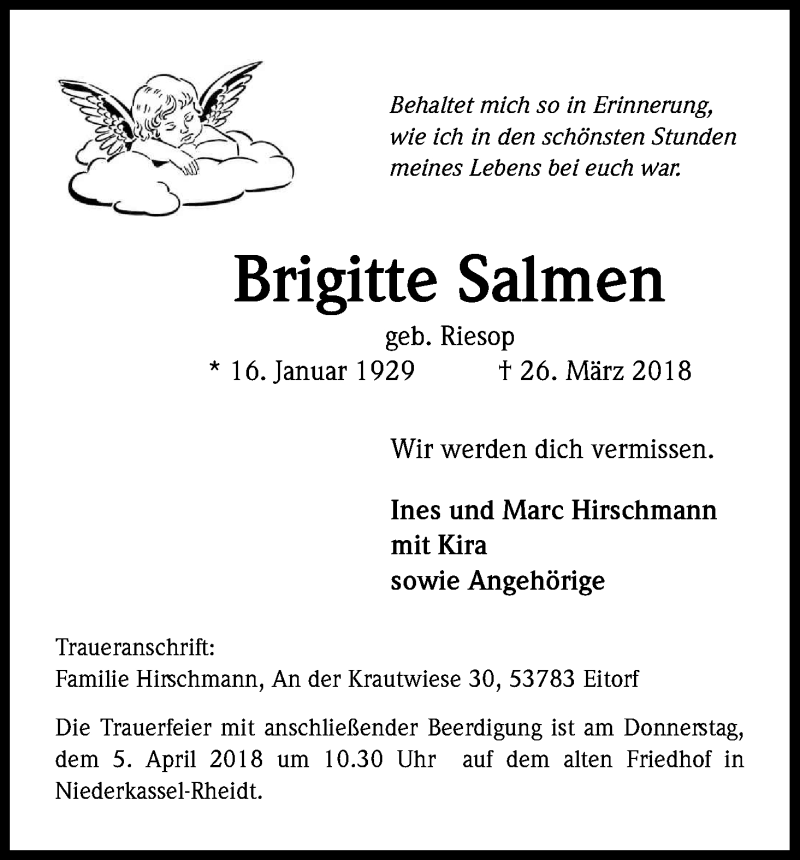  Traueranzeige für Brigitte Salmen vom 31.03.2018 aus Kölner Stadt-Anzeiger / Kölnische Rundschau / Express