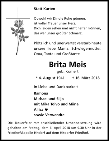 Anzeige von Brita Meis von Kölner Stadt-Anzeiger / Kölnische Rundschau / Express