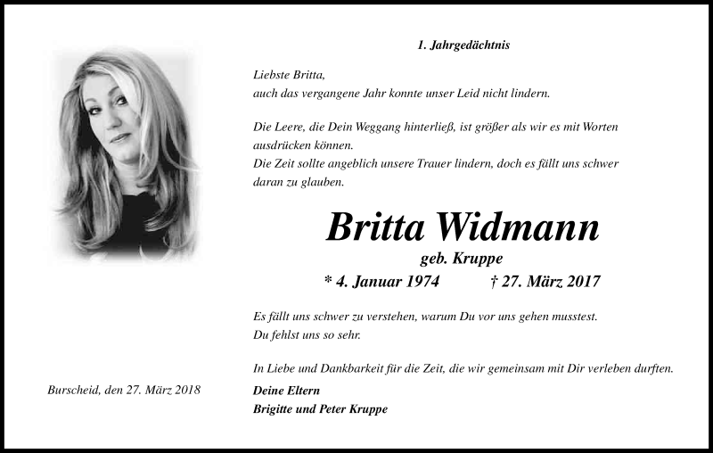  Traueranzeige für Britta Widmann vom 27.03.2018 aus Kölner Stadt-Anzeiger / Kölnische Rundschau / Express