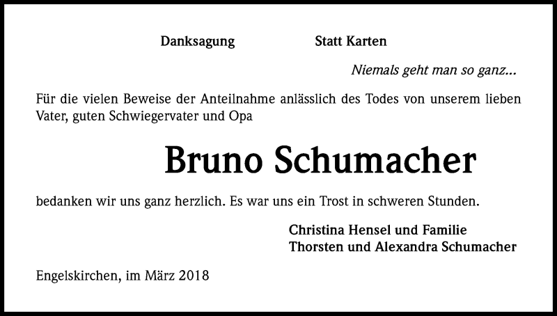  Traueranzeige für Bruno Schumacher vom 13.03.2018 aus Kölner Stadt-Anzeiger / Kölnische Rundschau / Express