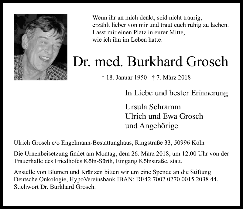  Traueranzeige für Burkhard Grosch vom 21.03.2018 aus Kölner Stadt-Anzeiger / Kölnische Rundschau / Express