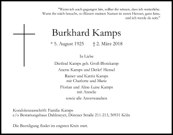 Anzeige von Burkhard Kamps von Kölner Stadt-Anzeiger / Kölnische Rundschau / Express
