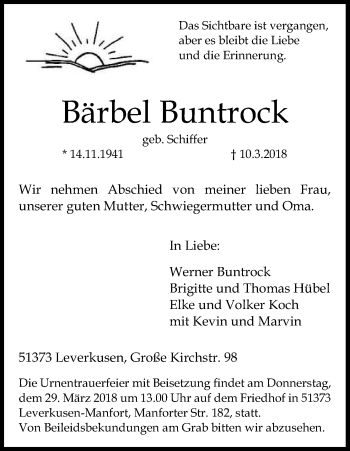 Anzeige von Bärbel Buntrock von Kölner Stadt-Anzeiger / Kölnische Rundschau / Express