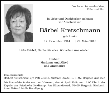 Anzeige von Bärbel Kretschmann von Kölner Stadt-Anzeiger / Kölnische Rundschau / Express
