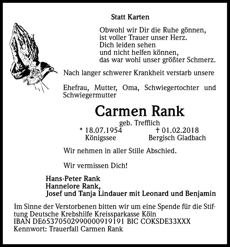  Traueranzeige für Carmen Rank vom 10.03.2018 aus Kölner Stadt-Anzeiger / Kölnische Rundschau / Express