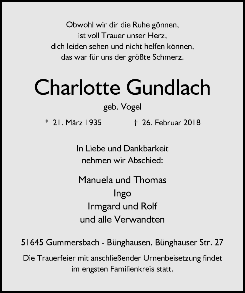  Traueranzeige für Charlotte Gundlach vom 07.03.2018 aus  Anzeigen Echo 