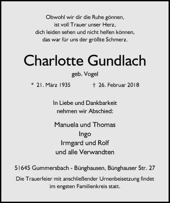 Anzeige von Charlotte Gundlach von  Anzeigen Echo 