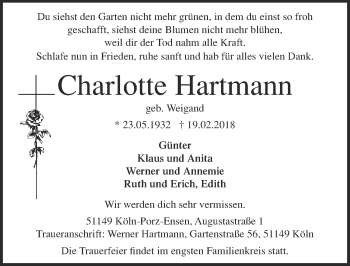 Anzeige von Charlotte Hartmann von  Kölner Wochenspiegel 