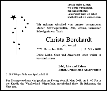 Anzeige von Christa Borchardt von Kölner Stadt-Anzeiger / Kölnische Rundschau / Express