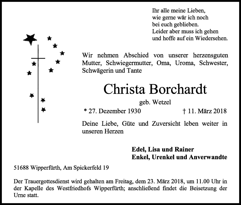  Traueranzeige für Christa Borchardt vom 15.03.2018 aus Kölner Stadt-Anzeiger / Kölnische Rundschau / Express