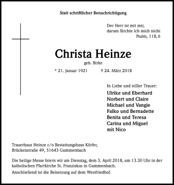 Anzeige von Christa Heinze von Kölner Stadt-Anzeiger / Kölnische Rundschau / Express