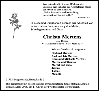 Anzeige von Christa Mertens von Kölner Stadt-Anzeiger / Kölnische Rundschau / Express