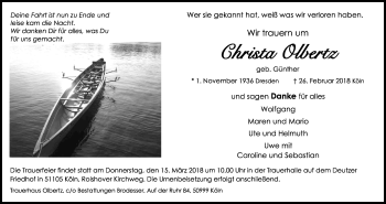 Anzeige von Christa Olbertz von Kölner Stadt-Anzeiger / Kölnische Rundschau / Express