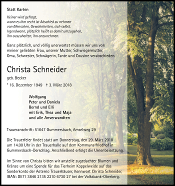 Anzeige von Christa Schneider von Kölner Stadt-Anzeiger / Kölnische Rundschau / Express