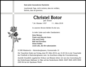 Anzeige von Christel Botor von Kölner Stadt-Anzeiger / Kölnische Rundschau / Express