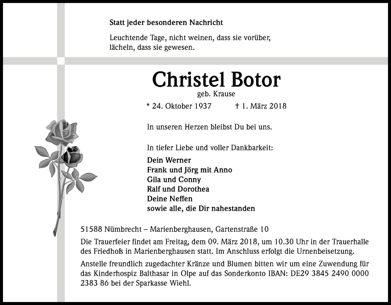  Traueranzeige für Christel Botor vom 07.03.2018 aus Kölner Stadt-Anzeiger / Kölnische Rundschau / Express