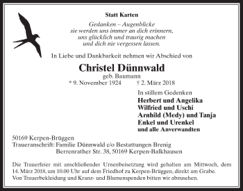Anzeige von Christel Dünnwald von  Werbepost 