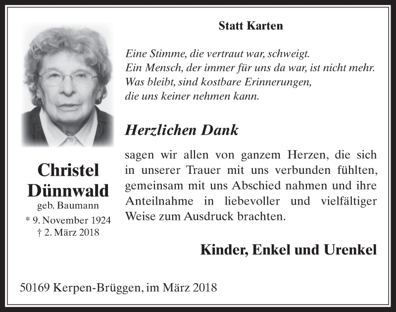  Traueranzeige für Christel Dünnwald vom 28.03.2018 aus  Werbepost 