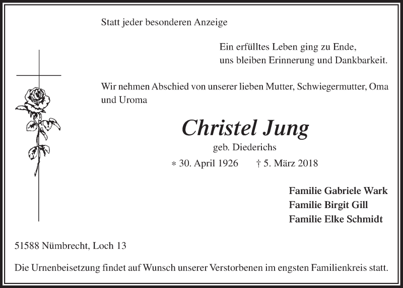  Traueranzeige für Christel Jung vom 14.03.2018 aus  Lokalanzeiger 
