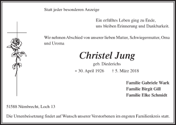 Anzeige von Christel Jung von  Lokalanzeiger 