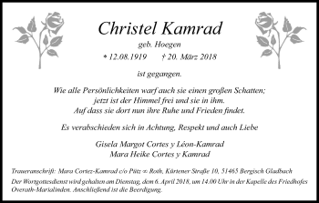 Anzeige von Christel Kamrad von Kölner Stadt-Anzeiger / Kölnische Rundschau / Express