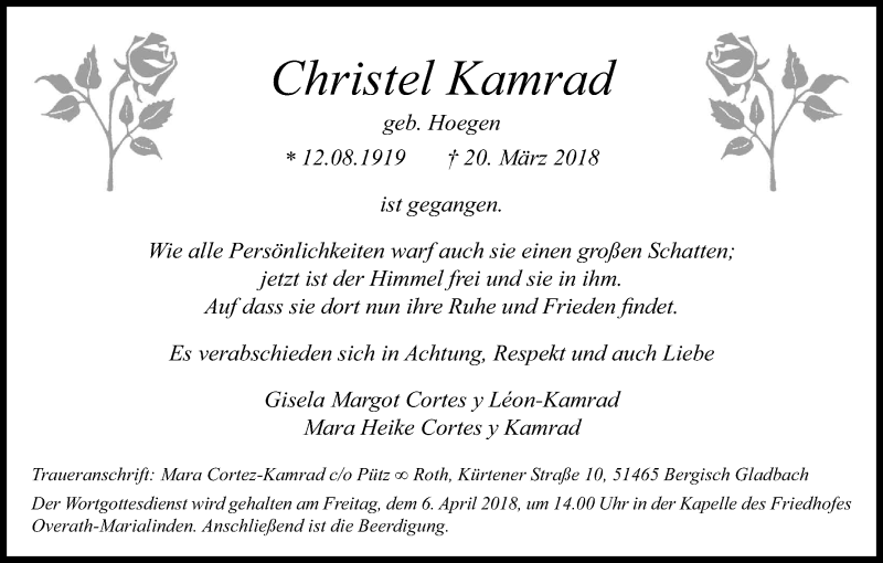 Traueranzeige für Christel Kamrad vom 29.03.2018 aus Kölner Stadt-Anzeiger / Kölnische Rundschau / Express