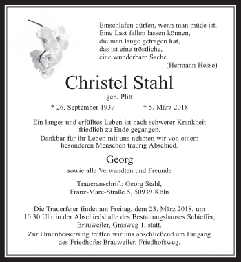 Anzeige von Christel Stahl von  Wochenende 