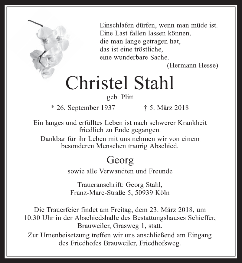  Traueranzeige für Christel Stahl vom 14.03.2018 aus  Wochenende 