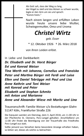 Anzeige von Christel Wirtz von Kölner Stadt-Anzeiger / Kölnische Rundschau / Express