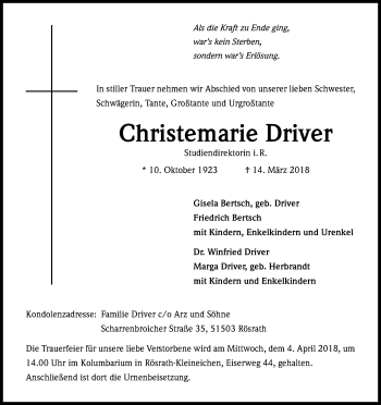 Anzeige von Christemarie Driver von Kölner Stadt-Anzeiger / Kölnische Rundschau / Express