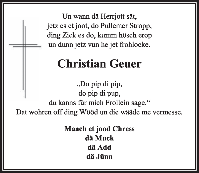  Traueranzeige für Christian Geuer vom 17.03.2018 aus  Sonntags-Post 