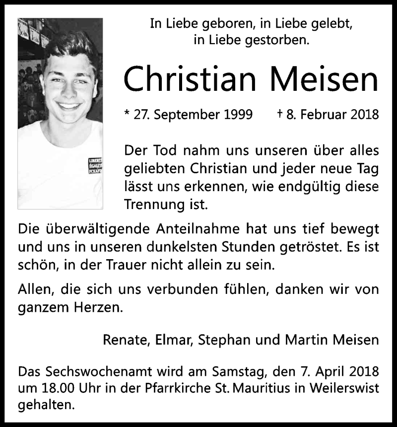  Traueranzeige für Christian Meisen vom 17.03.2018 aus Kölner Stadt-Anzeiger / Kölnische Rundschau / Express