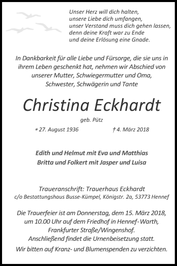 Anzeige von Christina Eckhardt von Kölner Stadt-Anzeiger / Kölnische Rundschau / Express