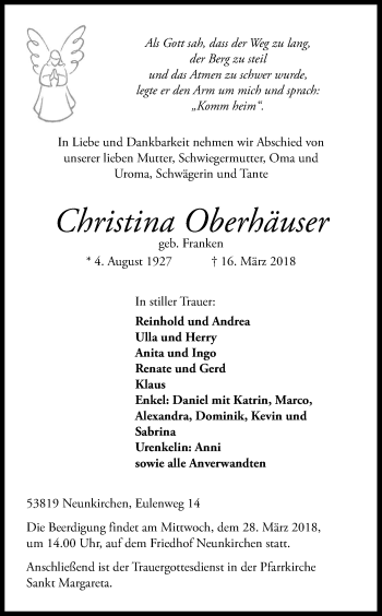 Anzeige von Christina Oberhäuser von Kölner Stadt-Anzeiger / Kölnische Rundschau / Express