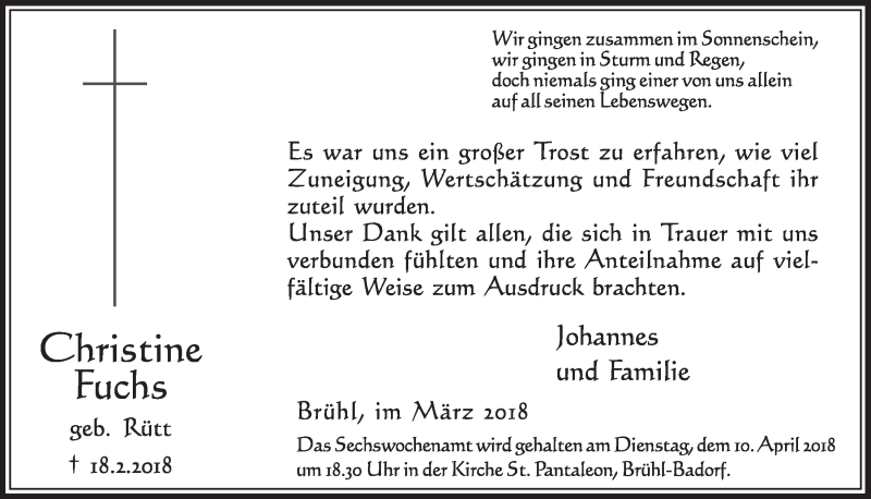  Traueranzeige für Christine Fuchs vom 28.03.2018 aus  Schlossbote/Werbekurier 