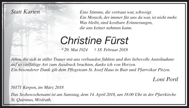  Traueranzeige für Christine Fürst vom 24.03.2018 aus  Sonntags-Post 